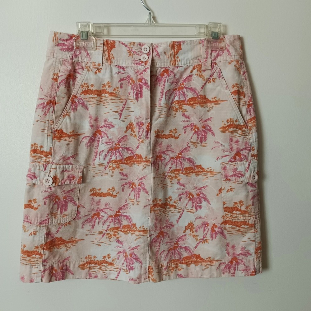 LL Bean Womens Pink Tropical Palm Tree Cotton Ripstop Cargo Mini Skirt‎ Size 10